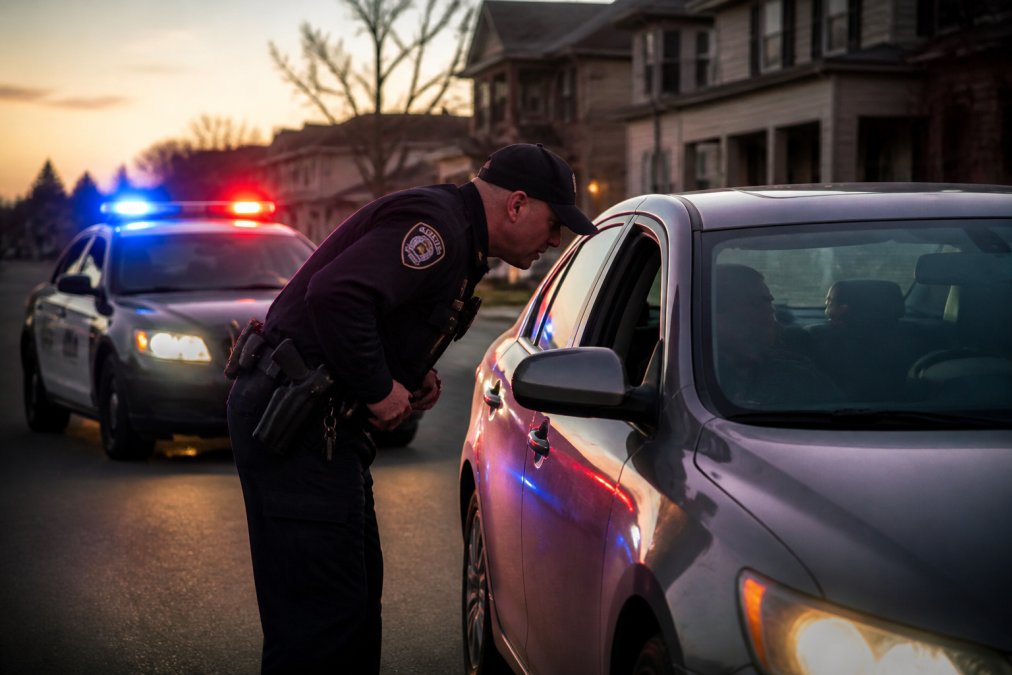 A police officer speaking with a driver through the window of a sedan during a traffic stop at dusk, patrol car lights reflecting off the vehicle on a residential street