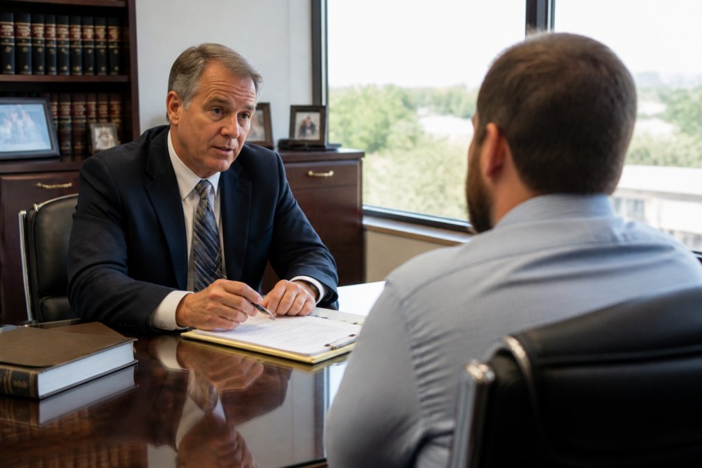 Criminal defense attorney in dark business suit meeting with client across polished conference table in law office, natural light from window, legal documents visible