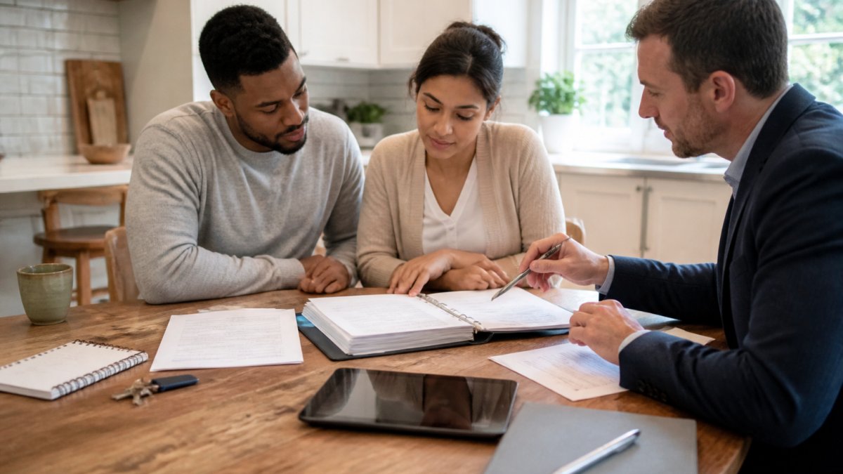 A first-time homebuyer couple sitting at a kitchen table with a lender, reviewing a folder of documents and a laptop showing a mortgage application, natural light from a window
