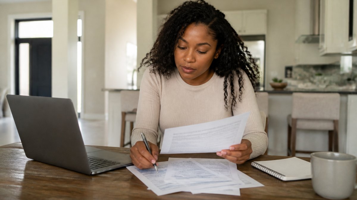 First-time homebuyer sitting at a kitchen table with laptop, mortgage documents, and pen, reviewing paperwork with focused expression in natural afternoon lighting