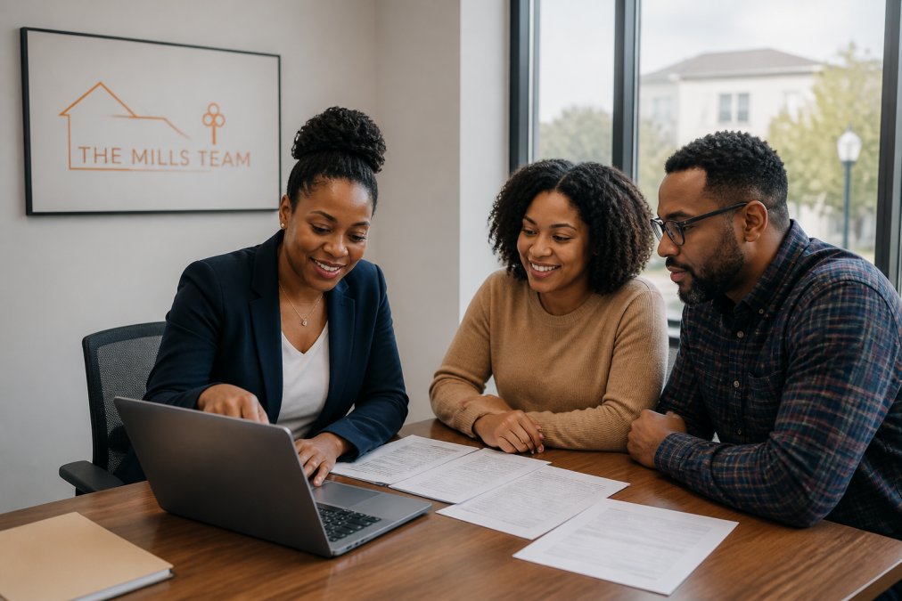 A HUD-approved housing counselor sitting at a desk with a first-time homebuyer couple, reviewing paperwork and pointing at a laptop screen in a bright office