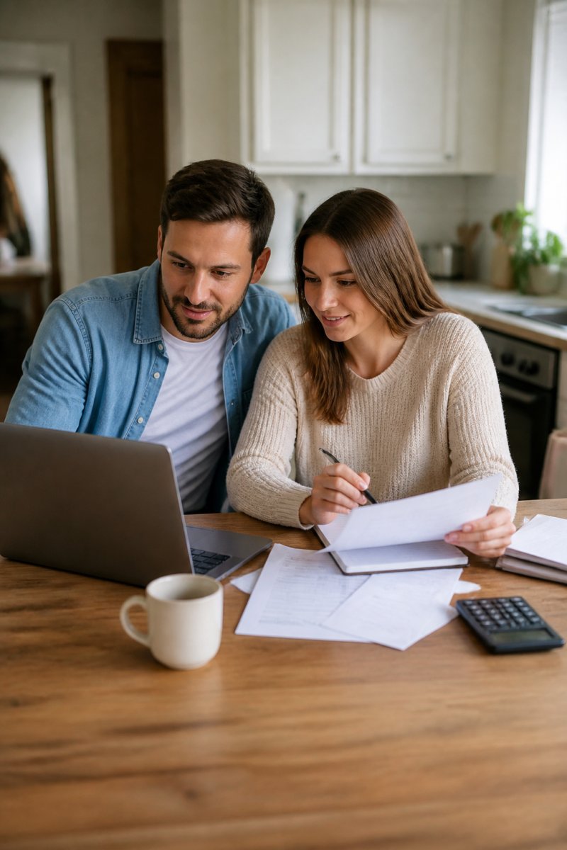 8-step infographic showing a hopeful first-time home buyer couple reviewing financial documents and a checklist
