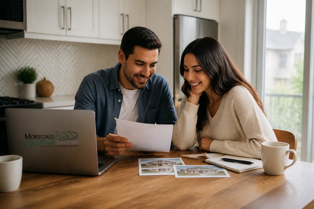 Young couple reviewing mortgage documents and home listings together at a kitchen table with a laptop, coffee, and notepad in a bright kitchen