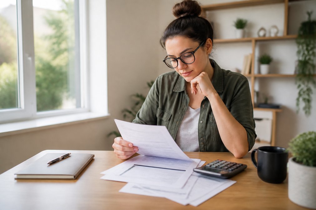 First-time homebuyer reviewing credit report on laptop at home office desk with financial documents and calculator nearby, natural window lighting