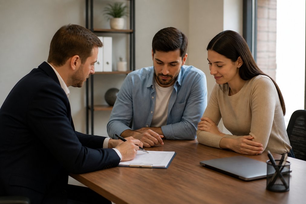 Professional loan officer meeting with young couple at desk, reviewing mortgage pre-approval paperwork in modern office with neutral decor