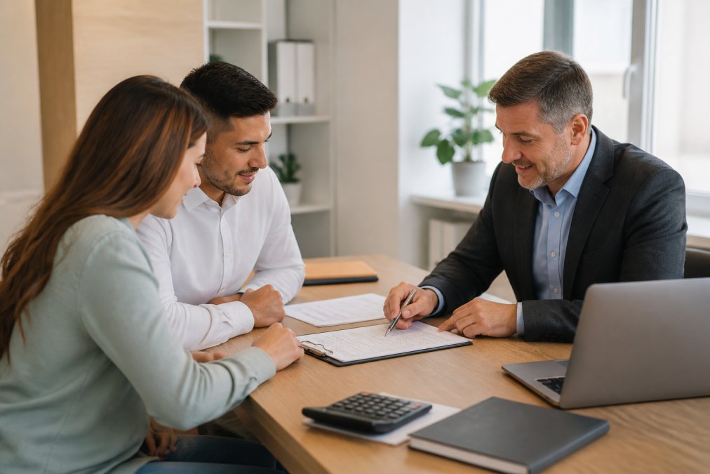 First-time homebuyer sitting at a desk with a loan officer reviewing documents and application forms, with a laptop and mortgage paperwork visible in a professional office setting with natural light