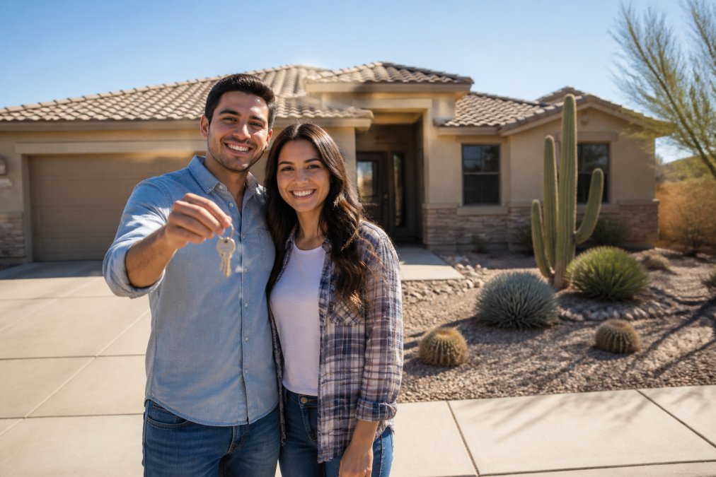 New homeowners standing in front of their Arizona home on move-in day, holding house keys and smiling, with a "sold" sign visible in the yard and desert landscape in the background