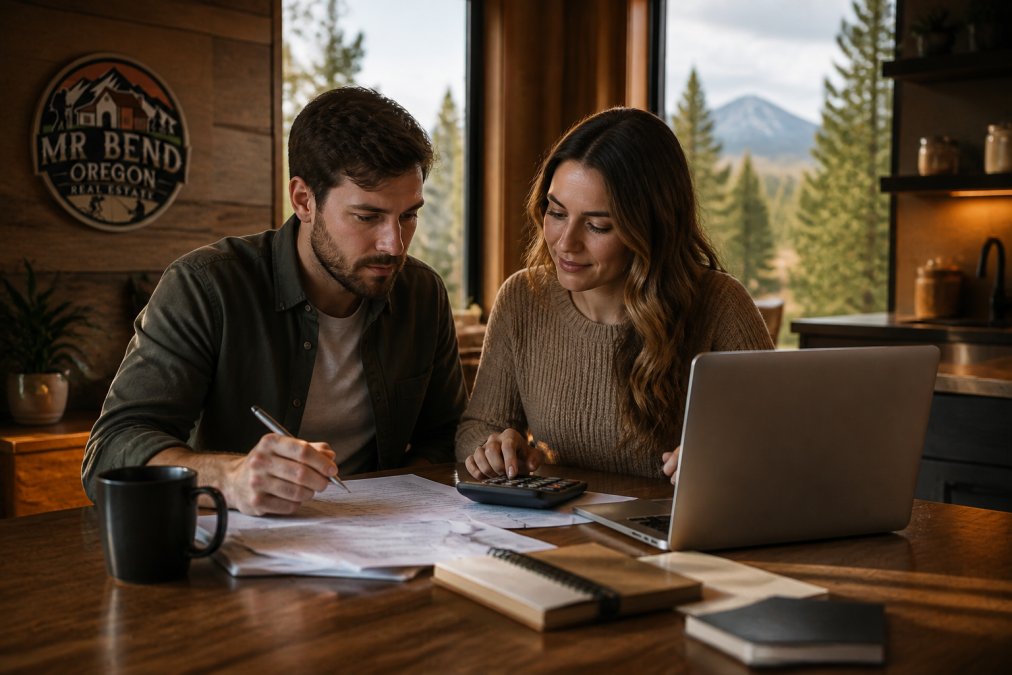 A young couple sitting at a kitchen table with a laptop, reviewing financial documents and a calculator, looking focused and hopeful