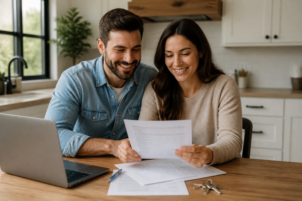 A smiling couple sitting at a kitchen table reviewing home-buying paperwork together, with a laptop open and a set of house keys on the table in front of them, warm natural light from a nearby window