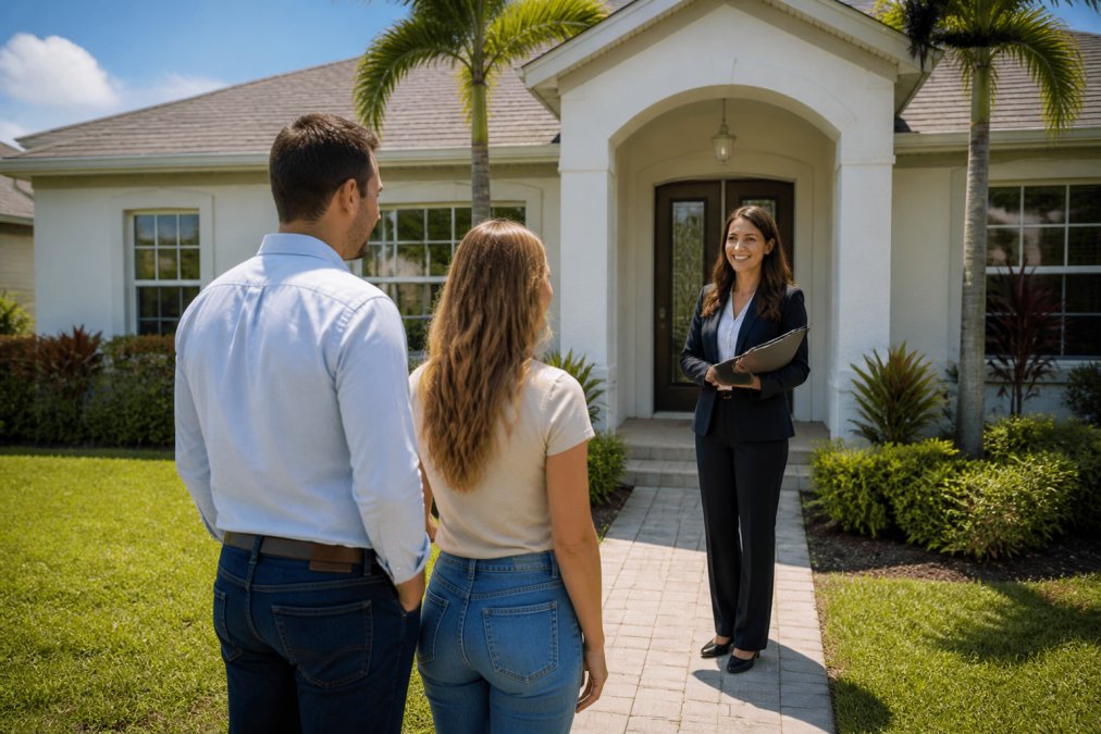A Florida-style single-family home with a well-maintained lawn on a sunny day, with a real estate agent standing at the front door holding a folder of documents, bright afternoon light