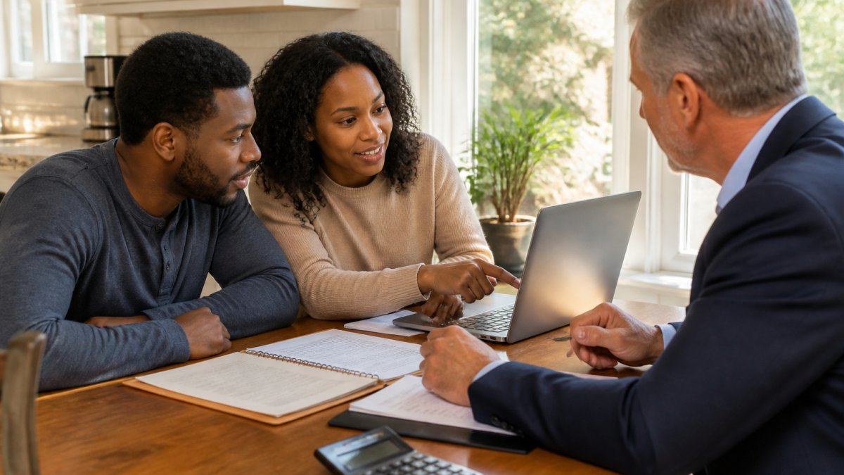 A first-time homebuyer couple sitting at a kitchen table with a lender, reviewing down payment assistance paperwork and pointing at a laptop screen, warm afternoon light through the window