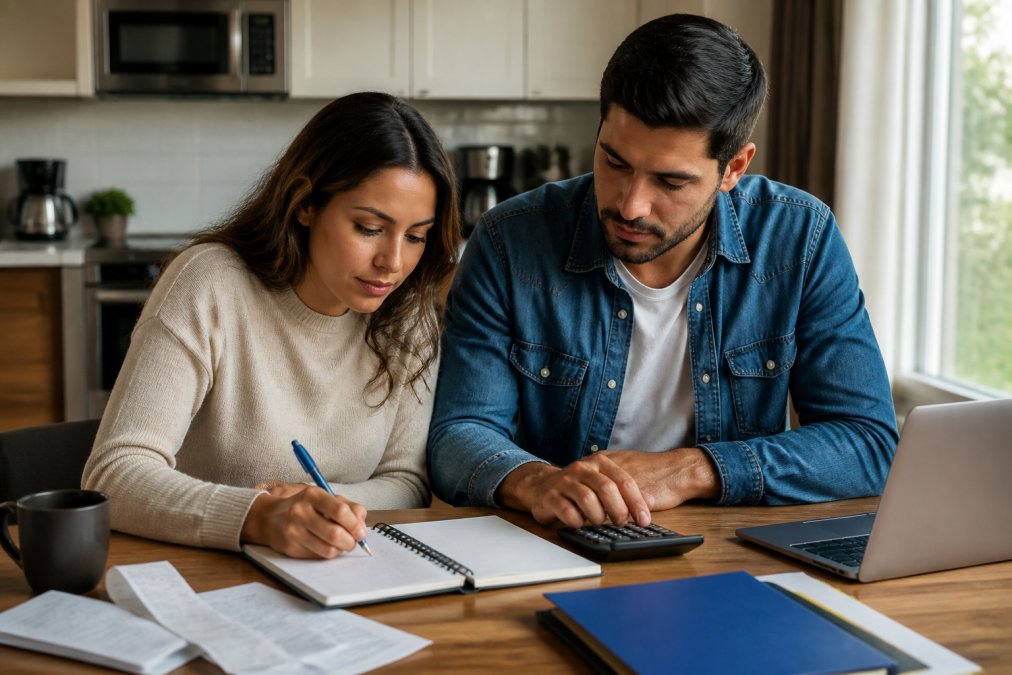 Infographic process for first time home buyer tips on budgeting and credit management at a kitchen table.