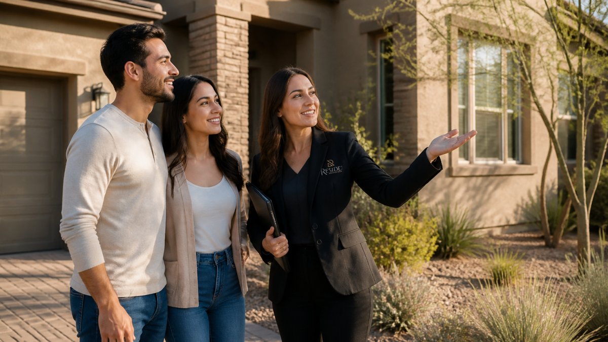 First-time homebuyer couple standing in front of a residential property with a real estate agent, all three smiling and looking at the house exterior in afternoon sunlight