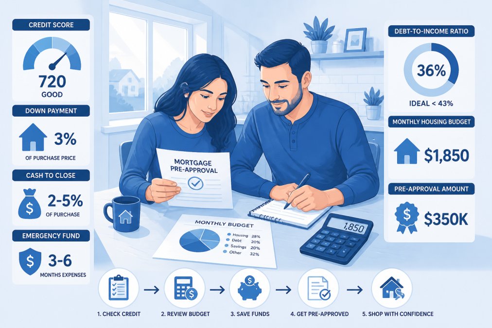 First-time homebuyer couple reviewing mortgage documents and financial statements at a kitchen table with a calculator and notepad, natural sunlight streaming through windows