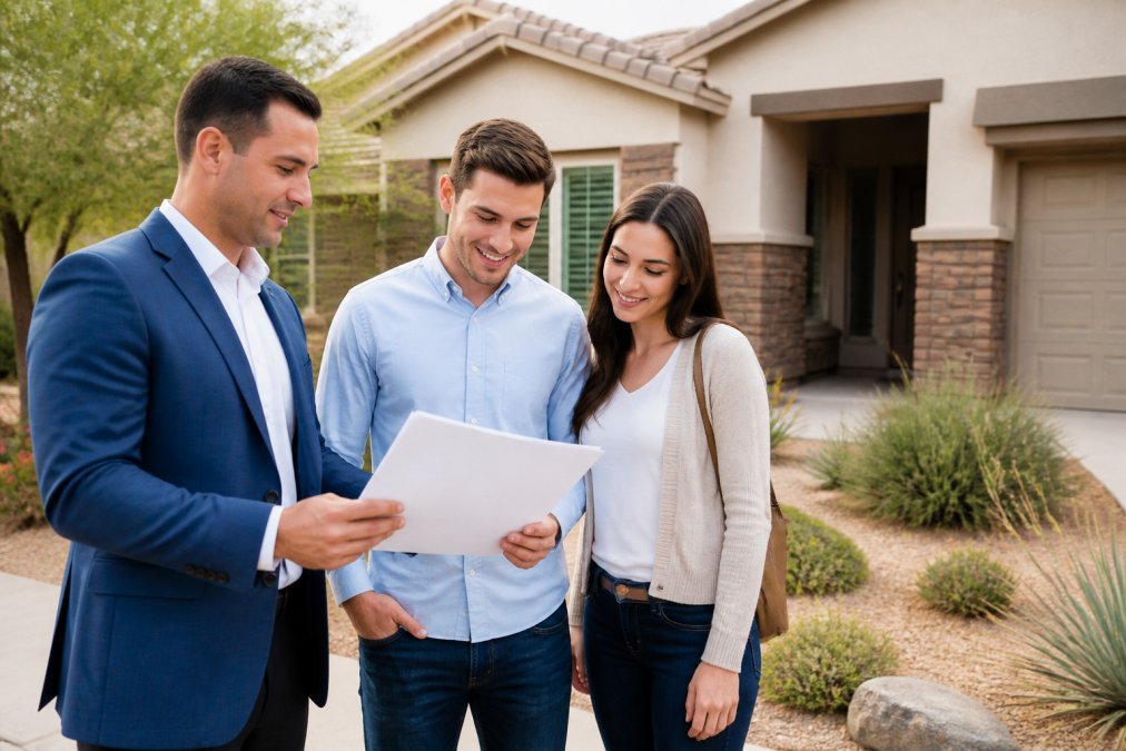 Real estate agent and young couple standing outside a Gilbert home, reviewing paperwork and discussing the property with professional attire