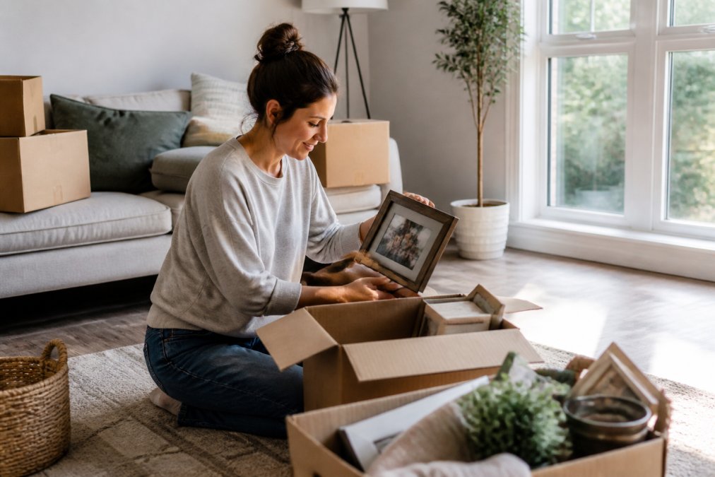 Homeowner in casual attire decluttering a bright living room, placing framed photos and decorative items into cardboard boxes with warm natural light streaming through large windows