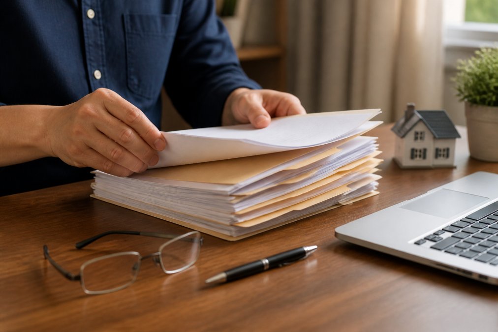 Close-up of a person's hands organizing a neat stack of home sale documents and manila folders on a wooden desk, with a pen, reading glasses, and an open laptop visible nearby in warm office lighting