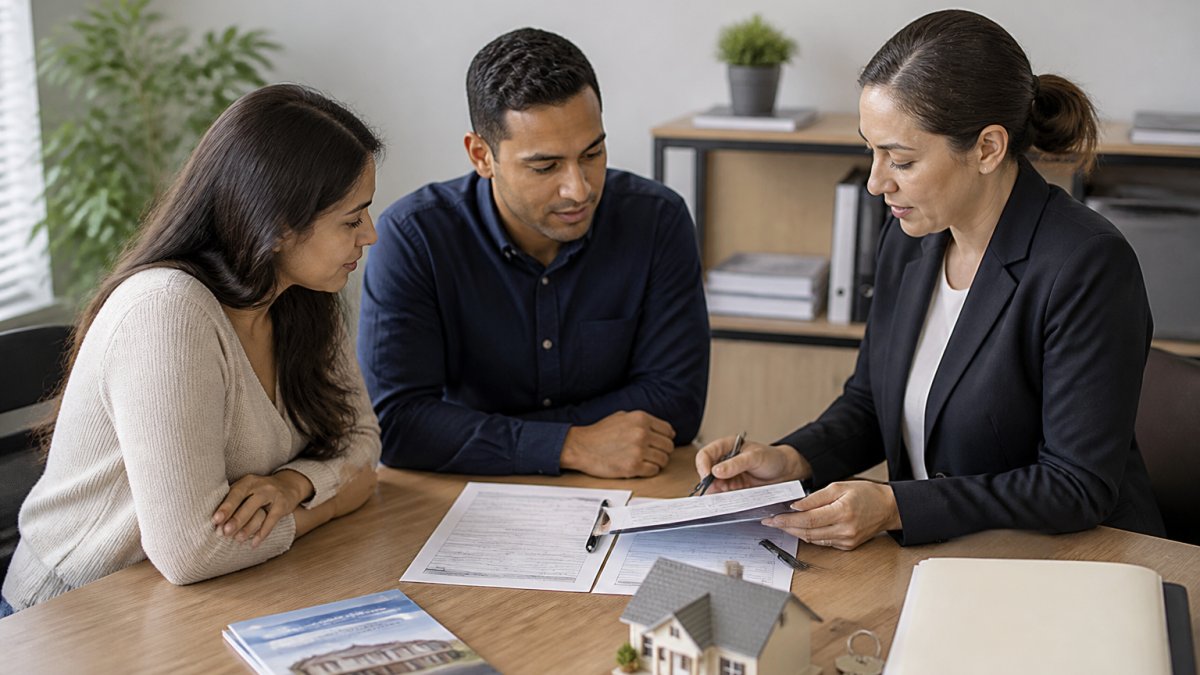 Professional housing counselor meeting with first-time homebuyer couple at desk, reviewing mortgage documents and assistance program materials in bright office setting