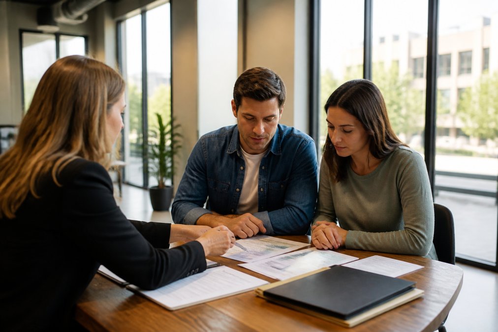 A couple sitting across from a mortgage advisor at a desk, reviewing paperwork together in a bright, professional office setting, with natural light coming through large windows and organized documents spread across the table