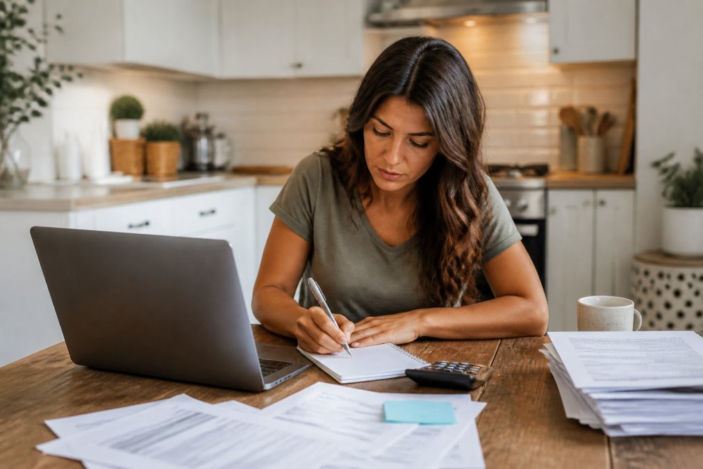 A first-time homebuyer seated at a kitchen table with a laptop open, filling out forms with a pen and notepad nearby, organized documents stacked to one side, focused expression under warm overhead lighting