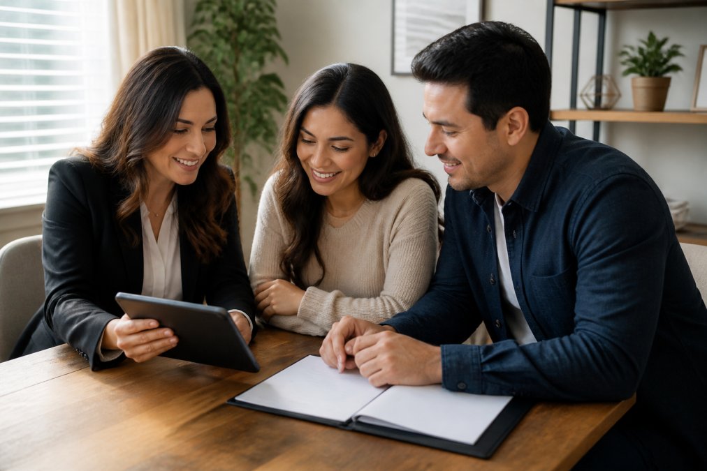 Professional real estate agent meeting with a young couple in a modern home office, reviewing property documents and neighborhood information on a tablet with natural afternoon lighting streaming through windows