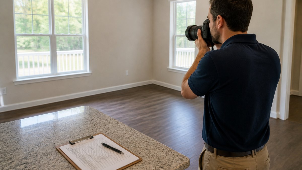 Property manager conducting thorough walkthrough inspection of rental unit, photographing walls and fixtures with professional camera, clipboard with checklist visible on counter, natural daylight from windows