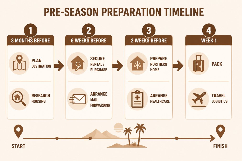 Timeline flowchart showing pre-season preparation steps: 3 months before (plan destination, research housing), 6 weeks before (secure rental/purchase, arrange mail forwarding), 2 weeks before (prepare northern home, arrange healthcare), week 1 (pack, travel logistics)