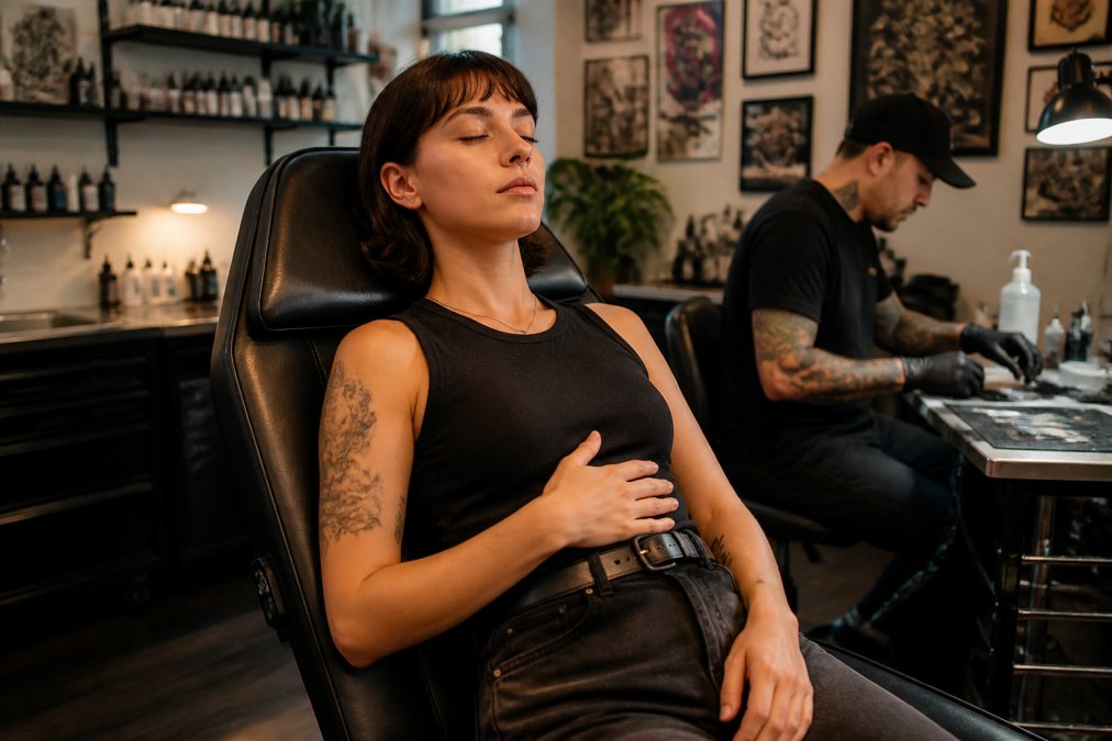 A calm young adult sitting in a tattoo studio chair practicing slow deep breathing with eyes closed, artist setting up equipment in the softly lit background
