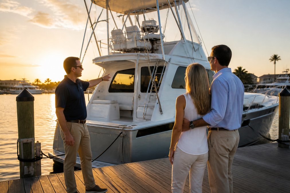A couple standing on a marina dock at golden hour, looking at a modern sportfish yacht moored in a slip, with a broker in casual attire pointing out features