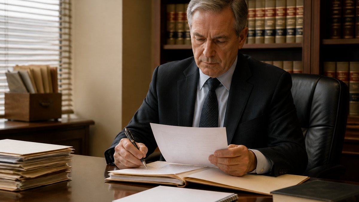 Attorney in a law office reviewing files to prepare for a first vs second DUI case defense