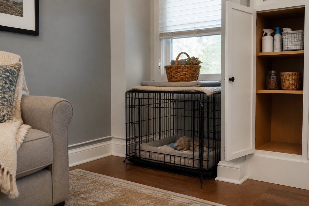 A cozy living room with puppy-proofing setup showing electrical cords secured along baseboards, cleaning supplies stored in a high cabinet, and a comfortable crate with soft bedding positioned in a quiet corner near a window