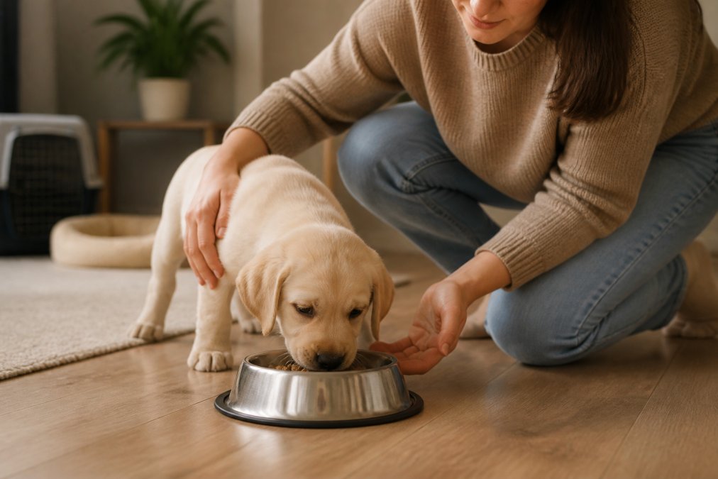 A new puppy eating from a food bowl indoors, with an owner's hands gently guiding the puppy toward the bowl and a warm, calm home environment with soft natural lighting in the background