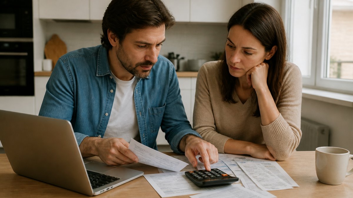 Un couple assis à une table de cuisine avec un ordinateur portable ouvert, des relevés bancaires et une calculatrice, en train de comparer des chiffres pour un projet d'achat immobilier