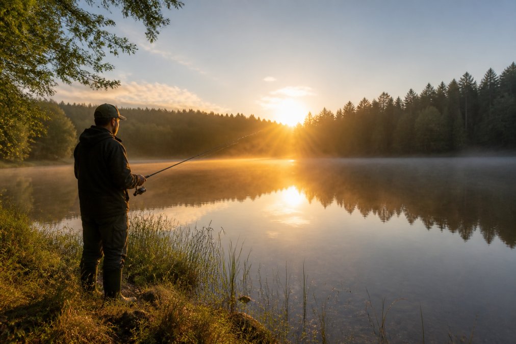 Angler mit Angelrute am ruhigen Seeufer beim Fischen im Waldviertel im Licht der aufgehenden Sonne zwischen dichten Wäldern.
