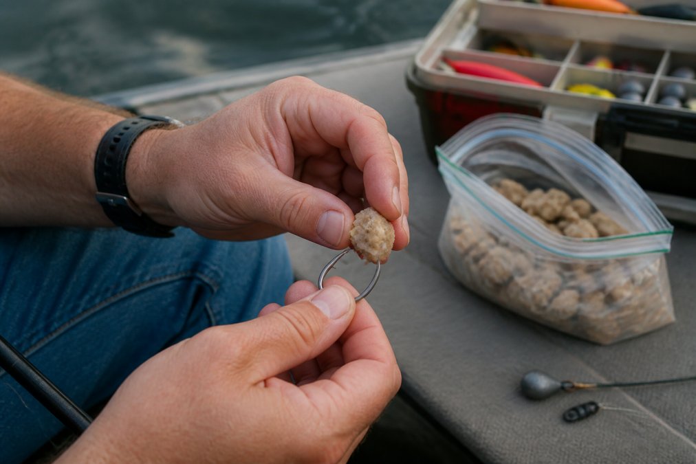 Close-up of an angler's hands threading a preserved cut bait nugget onto a fishing hook, with an open resealable bait package and tackle box visible in the background
