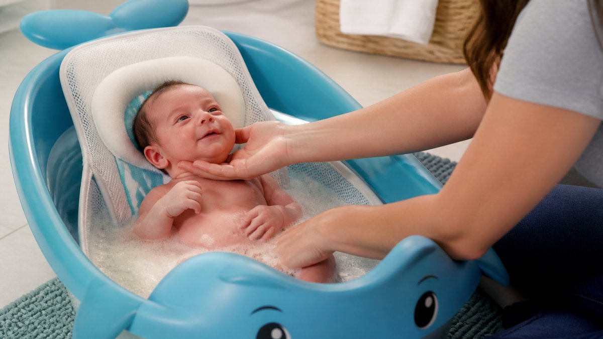 Newborn baby nestled in a Fisher-Price Whale bath tub with removable infant sling, foam headrest cradling the head, parent's hands gently supporting during warm bath time with soft natural lighting