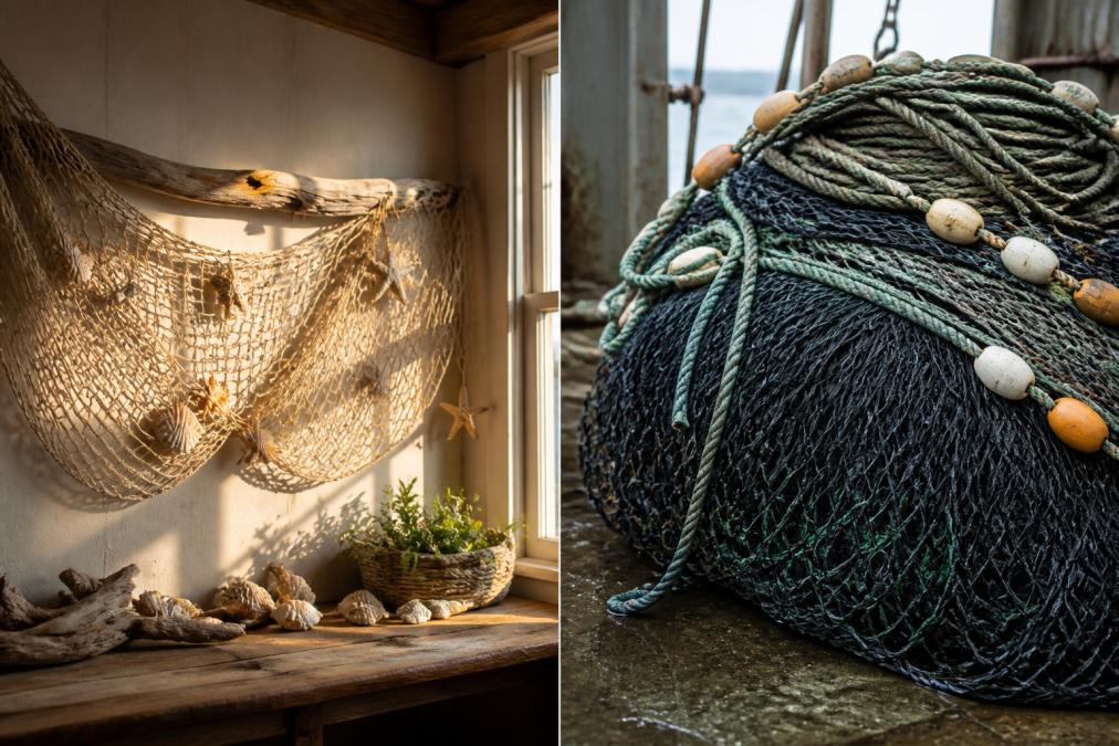 Natural cotton fishing netting draped on a wall with seashells and driftwood in warm afternoon sunlight.