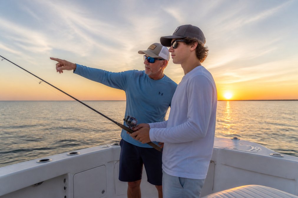 A captain and beginner angler on a fishing boat, the captain pointing out casting technique while the angler holds a fishing rod, calm Gulf waters and sunrise in the background
