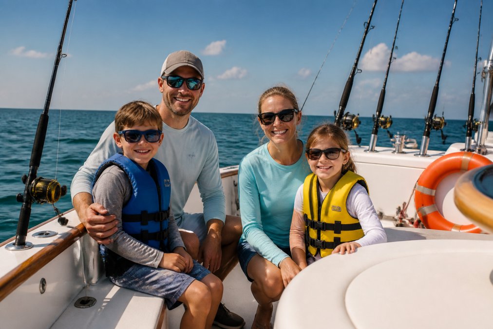 A family of four on a boat deck smiling, with fishing rods and safety equipment visible, blue sky and calm water in the background