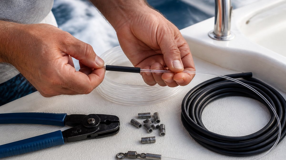 Close-up of an angler's hands sliding protective chafe tubing over a heavy monofilament leader on a boat deck, with crimping tools and leader spools visible nearby
