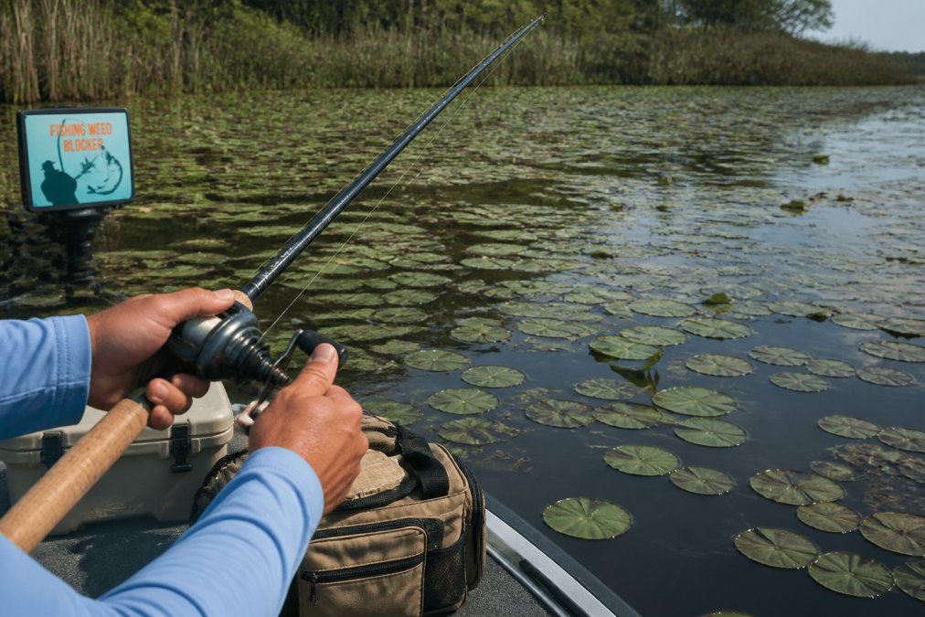 Angler holding a fishing rod over shallow lily pads to demonstrate a proper heavy-cover setup technique