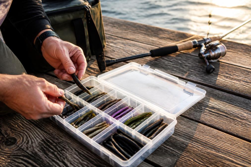 Angler placing soft plastic fishing worms into a divided tackle box on a sunny wooden dock