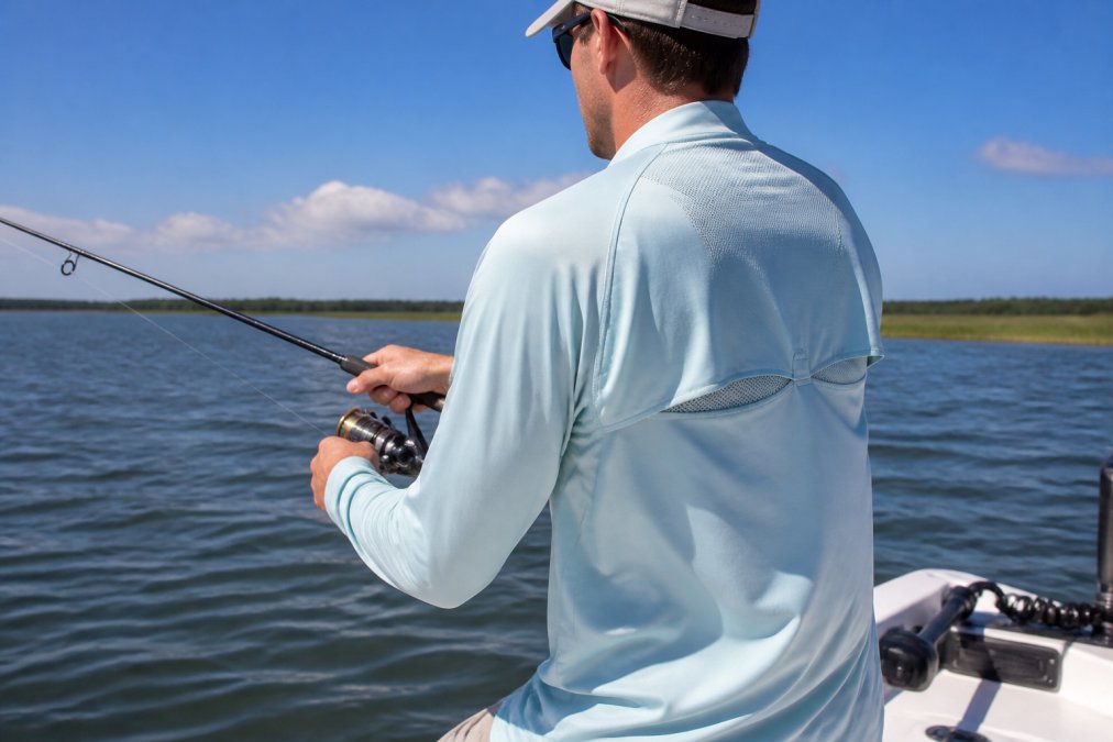 Angler on a boat wearing a long-sleeve performance fishing shirt with a vented back while holding a rod