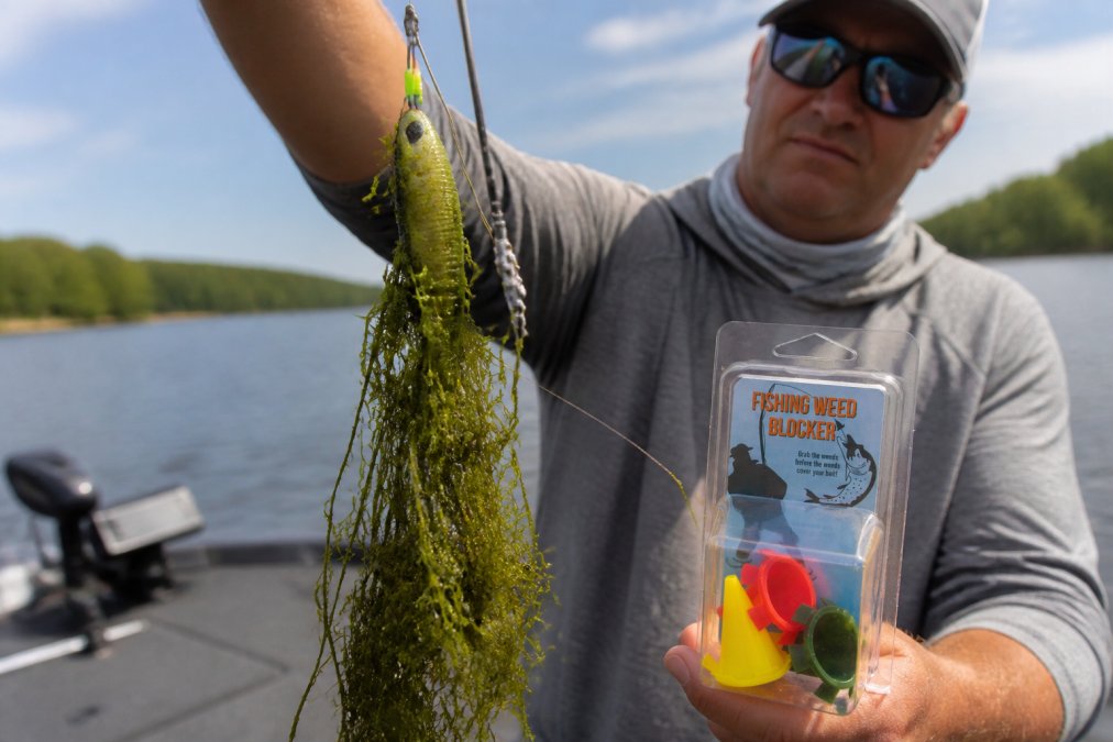 Angler holding fishing rod with lure visibly covered in thick green weeds and algae, demonstrating the problem that weed protection solves, shot in natural outdoor lighting near water