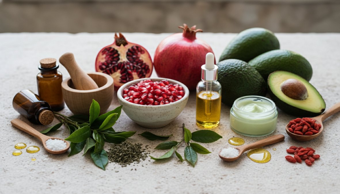 Flat lay φωτογραφία σε λευκή μαρμάρινη επιφάνεια με μικρά γυάλινα φιαλίδια ορού, κομμένο φύλλο αλόης, έλαιο από καρπό τριαντάφυλλου, σκόνη βιταμίνης C και φρέσκα βότανα τοποθετημένα με τάξη κάτω από φυσικό φως