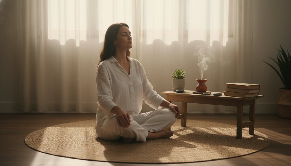 Ήρεμη γυναίκα καθισμένη σταυροπόδι σε χαλί yoga σε εσωτερικό χώρο, με κλειστά μάτια και χέρια στα γόνατα, να κάνει βαθιές αναπνοές σε ήρεμο δωμάτιο με μαλακό φυσικό φως από παράθυρο
