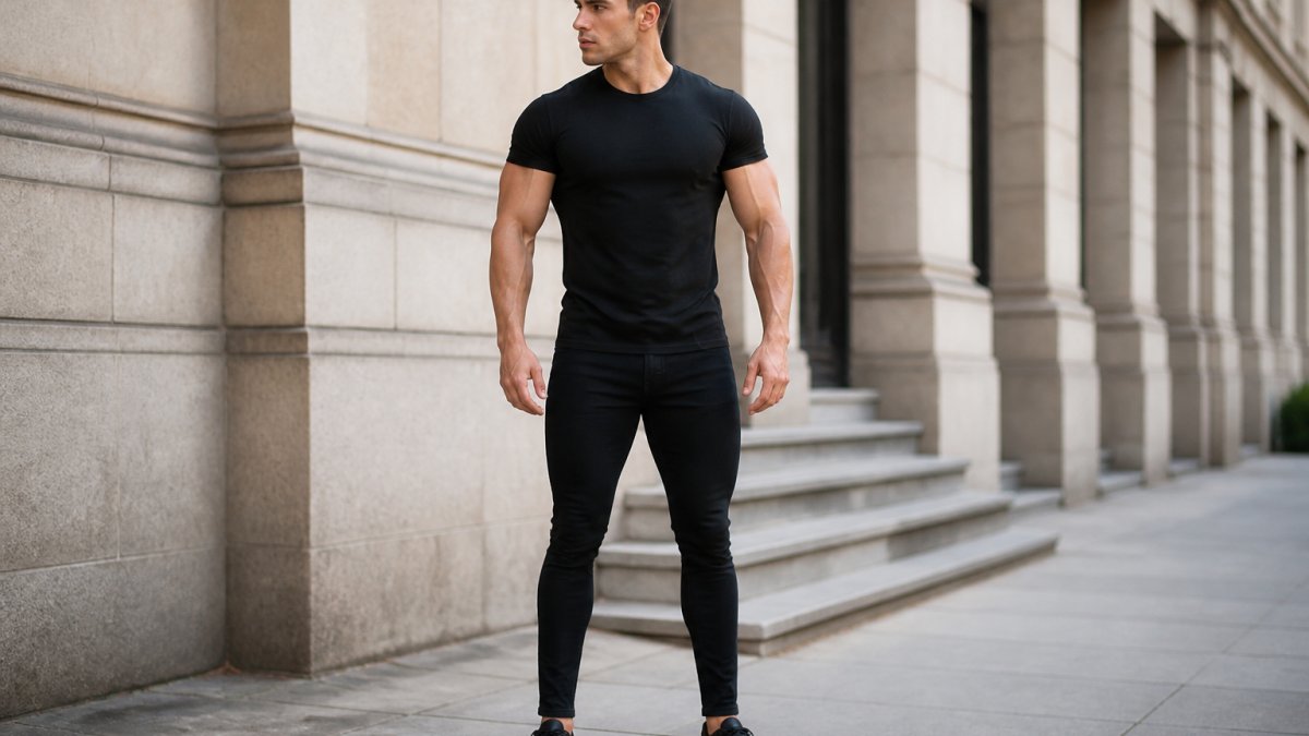 Athletic male bodybuilder wearing fitted black muscle-fit jeans and muscle tee, standing confidently with arms relaxed, showing how the garment contours to muscular thighs and shoulders without bagginess