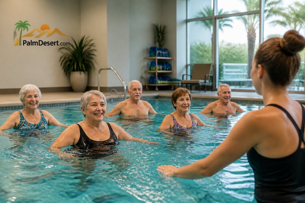 Active seniors smiling while participating in a low-impact aquatic exercise class at one of our fitness centers for seniors.