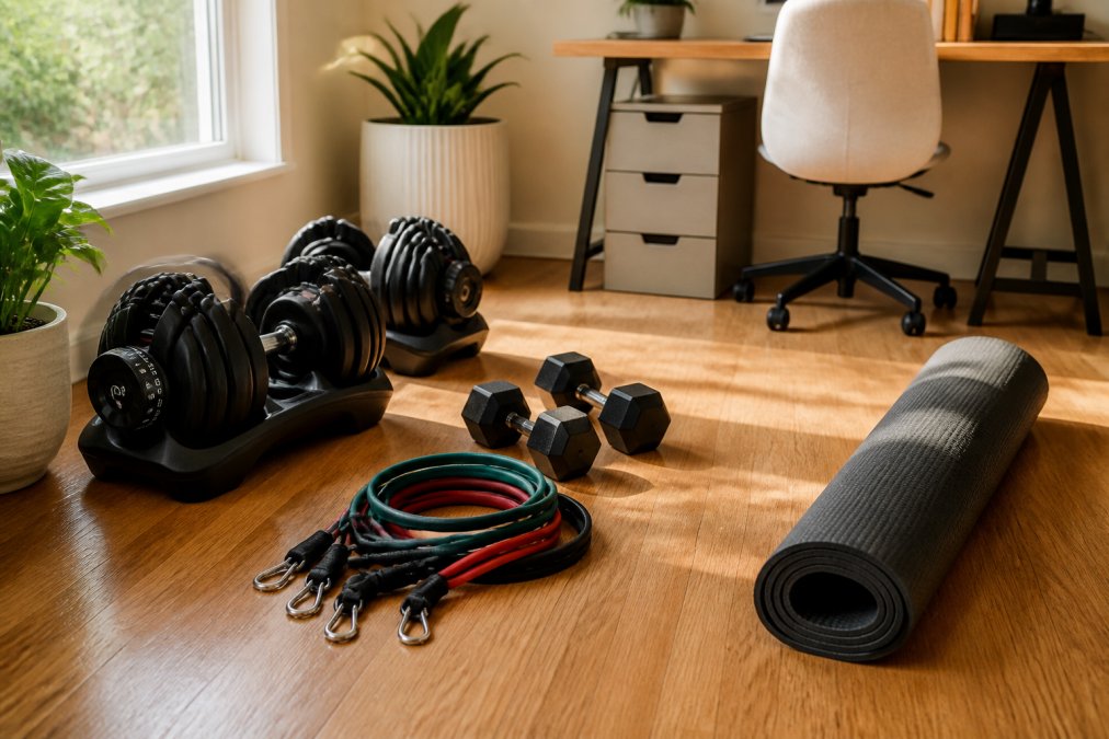 Bright home office corner with adjustable dumbbells, resistance bands coiled neatly, and a yoga mat arranged on a wooden floor with natural sunlight streaming through a nearby window