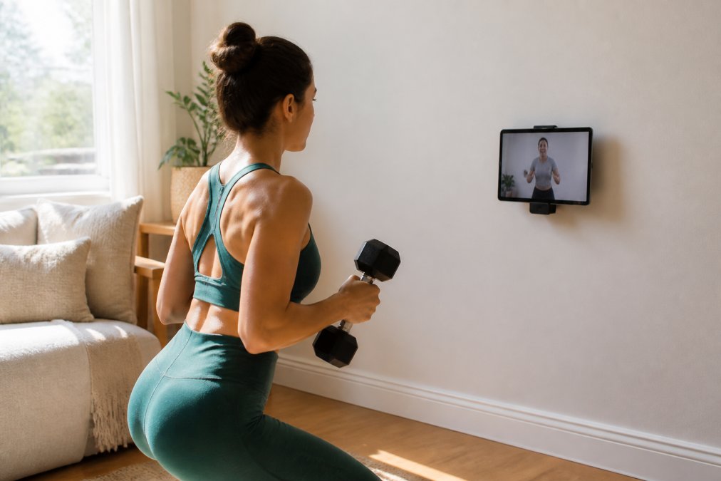Person in athletic wear performing a dumbbell exercise at home while viewing a virtual trainer on a tablet mounted securely on the wall, with natural morning light illuminating the workout space